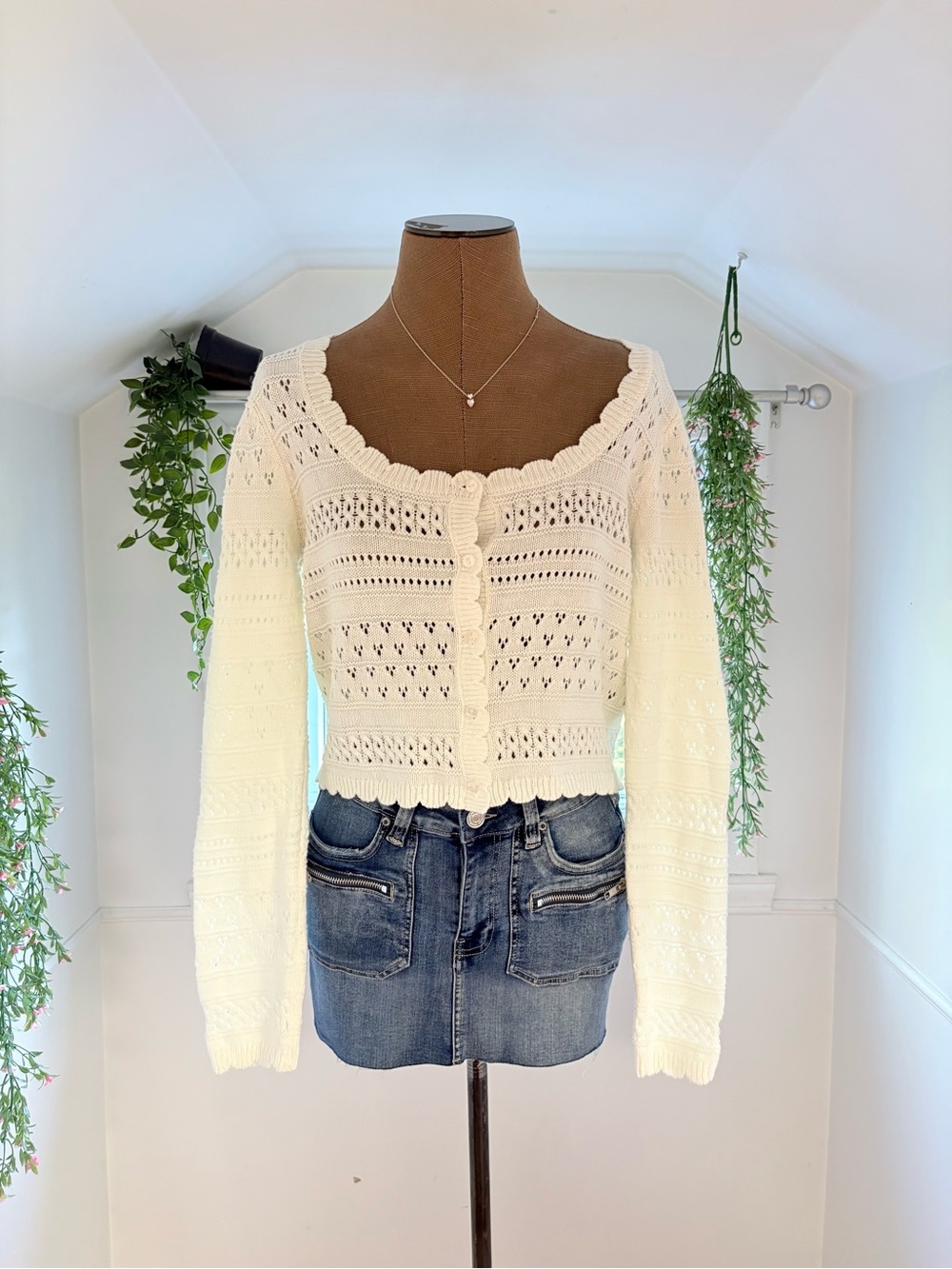 Simons Cream Crochet Knit Button-Front Cardigan